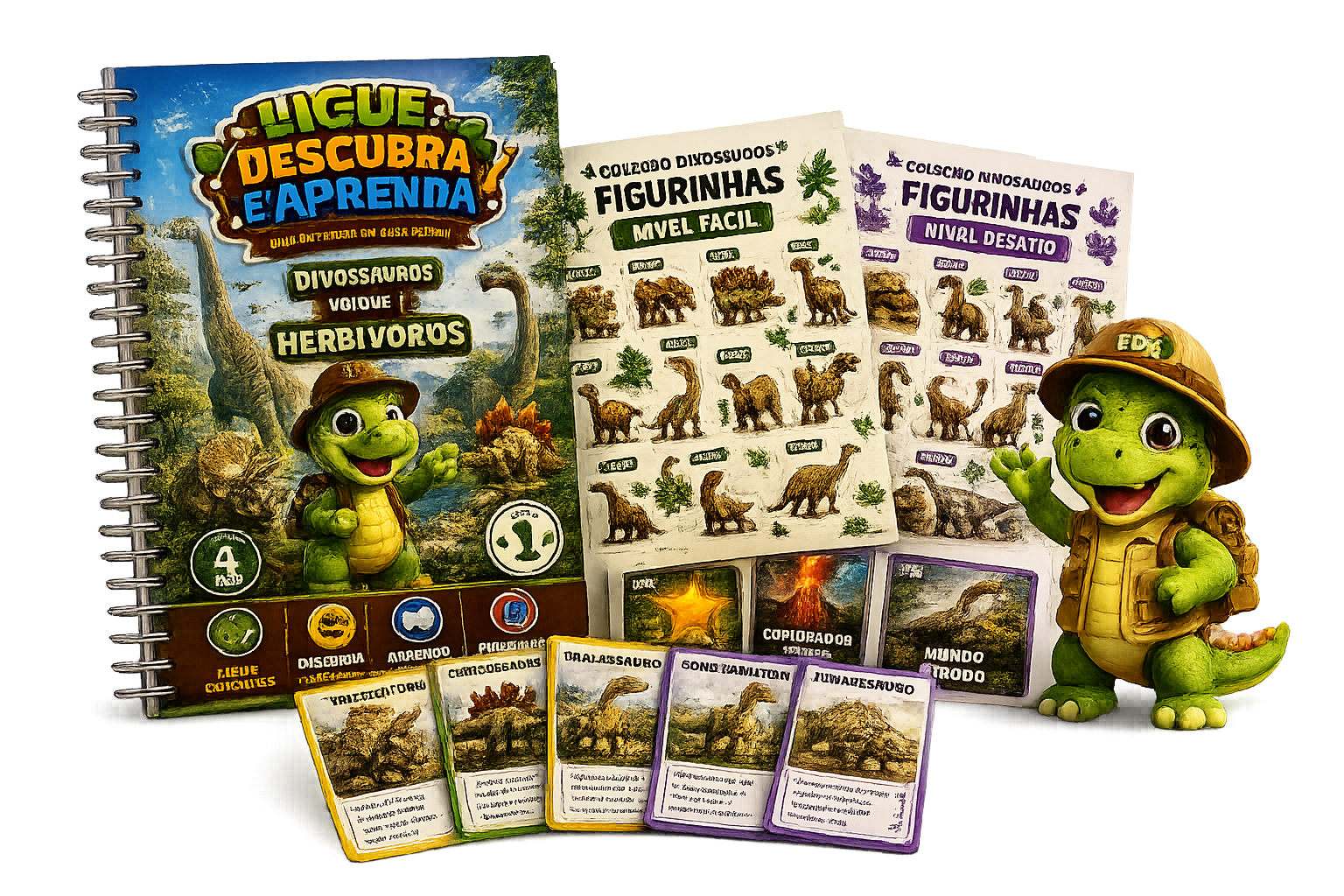 Kit do Volume 1 Herbívoros com livro encadernado, cartelas de figurinhas, Explorer Cards e Dino Explorador